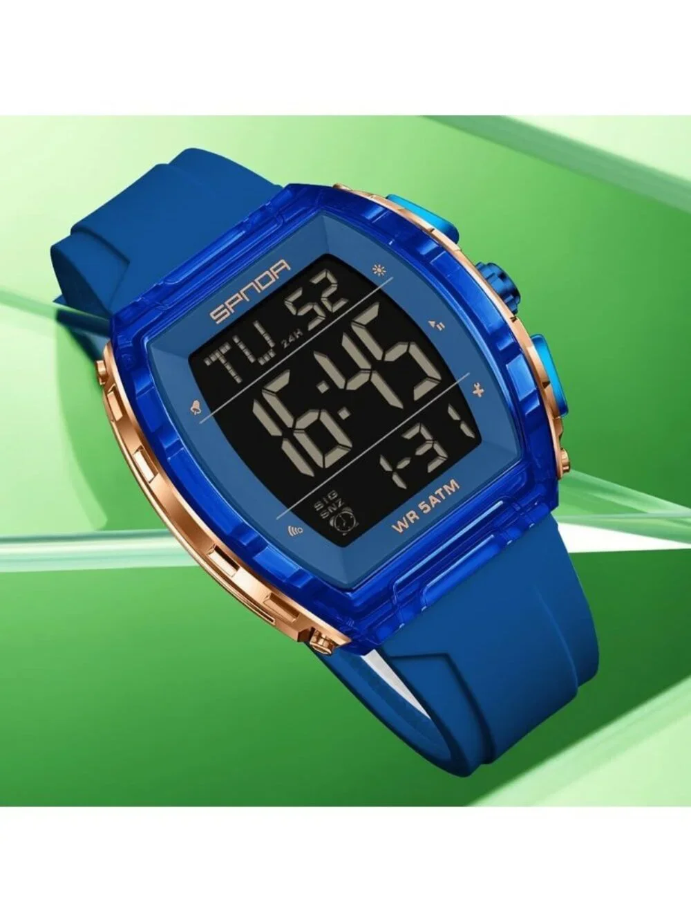 Men's All Blue Analog Quartz Tonneau Shape Dual Waterproof Digital Luxury Watch